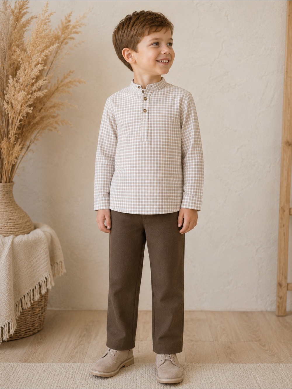 Edgehill Collection Boys Check Long Sleeve Shirt and Pants Set 6
